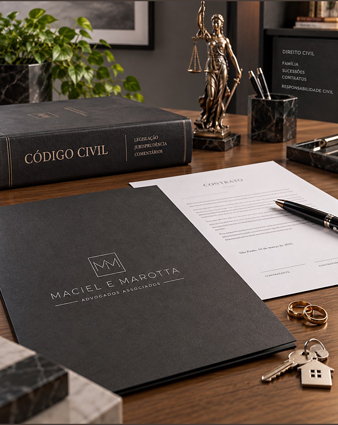 Código Civil, contrato, alianças e chaves sobre a mesa