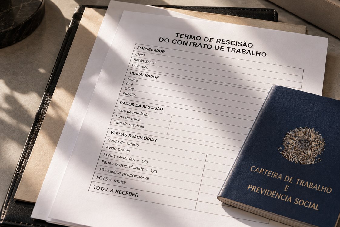 Termo de Rescisão do Contrato de Trabalho sobre uma mesa, com a lista de verbas rescisórias, ao lado de uma Carteira de Trabalho e uma caneta