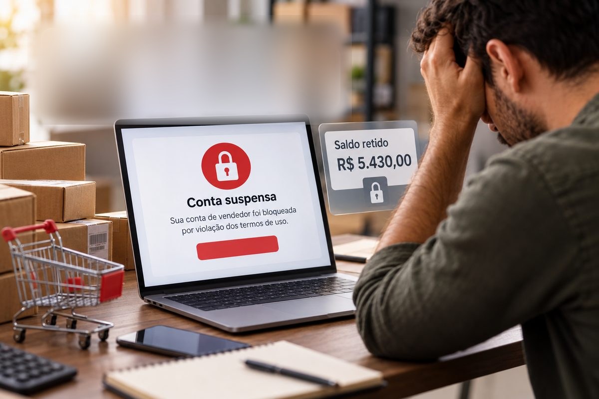 Vendedor com as mãos na cabeça diante de um notebook com o aviso de conta suspensa por violação dos termos de uso e um aviso de saldo retido