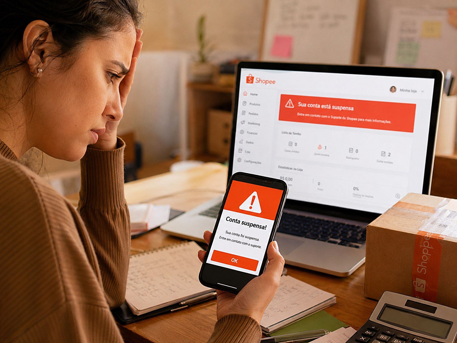 Vendedora diante do aviso de conta suspensa no painel do marketplace