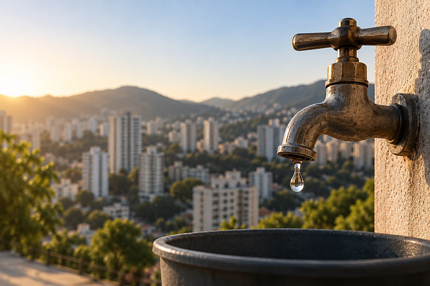 Torneira gotejando com a região oeste de Belo Horizonte ao fundo