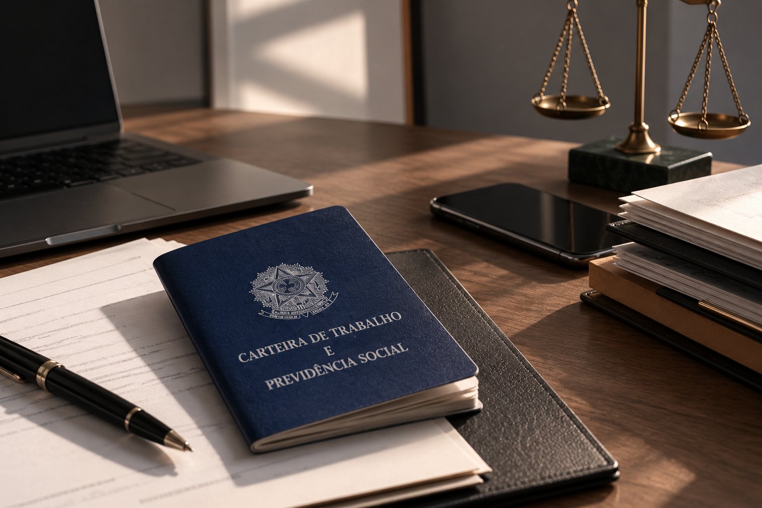 Carteira de Trabalho e Previdência Social sobre uma mesa de escritório, ao lado de documentos, caneta e uma balança da justiça